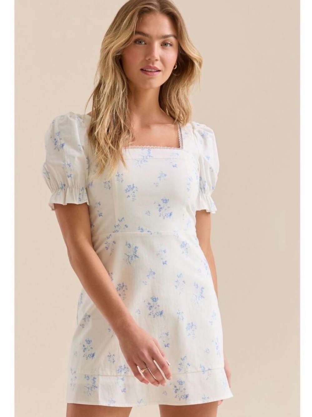 Altar'd State Cream Mini Dress with Blue Floral Print and Puff Sleeves